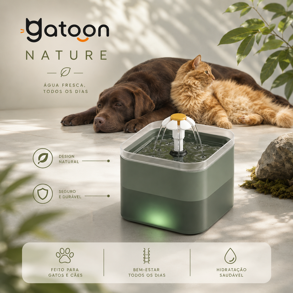 Bebedouro Automático Gatoon Nature 2L para Gatos | LED, USB e Filtragem 4 Camadas