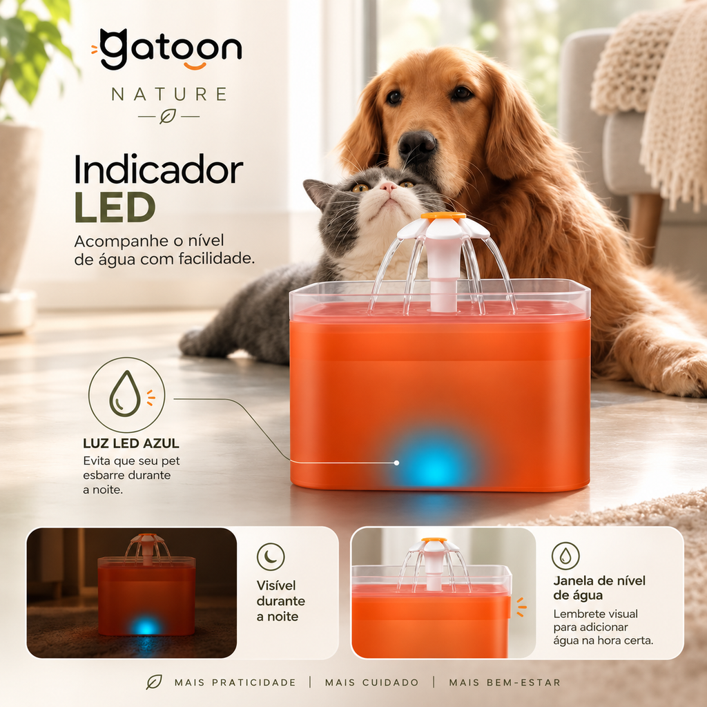 Bebedouro Automático Gatoon Nature 2L para Gatos | LED, USB e Filtragem 4 Camadas
