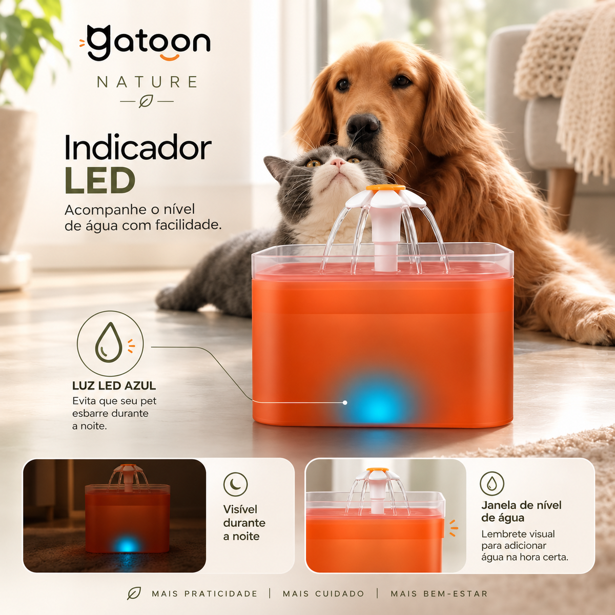 Bebedouro Automático Gatoon Nature 2L para Gatos | LED, USB e Filtragem 4 Camadas