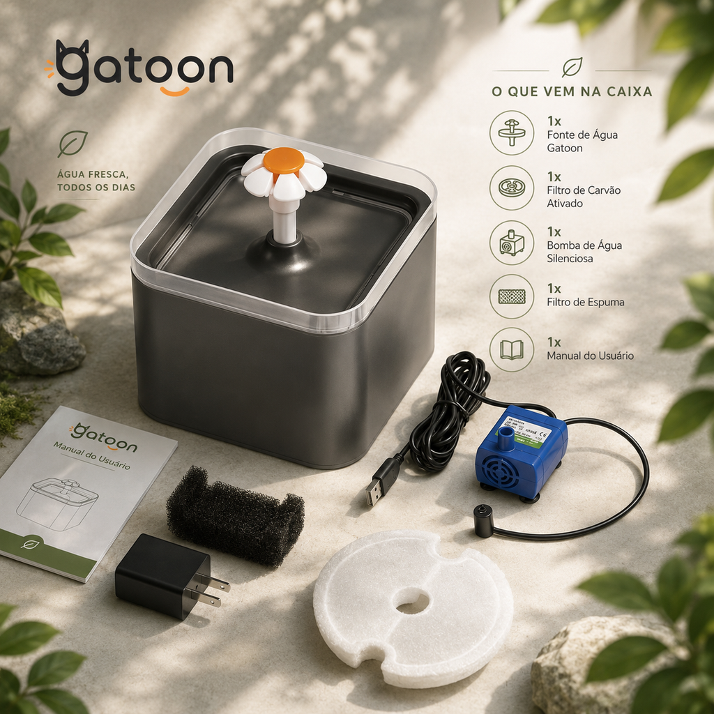 Bebedouro Automático Gatoon Nature 2L para Gatos | LED, USB e Filtragem 4 Camadas