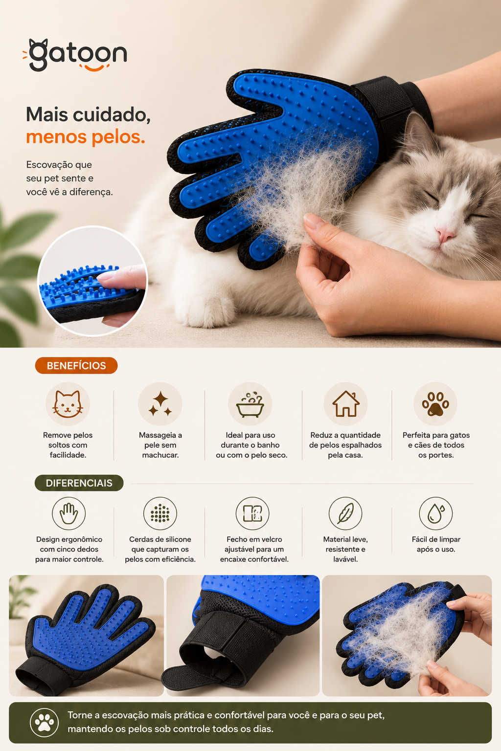 Gatoon Touch Luva Escova para Gatos e  – Removedor de Pelos e Escovação