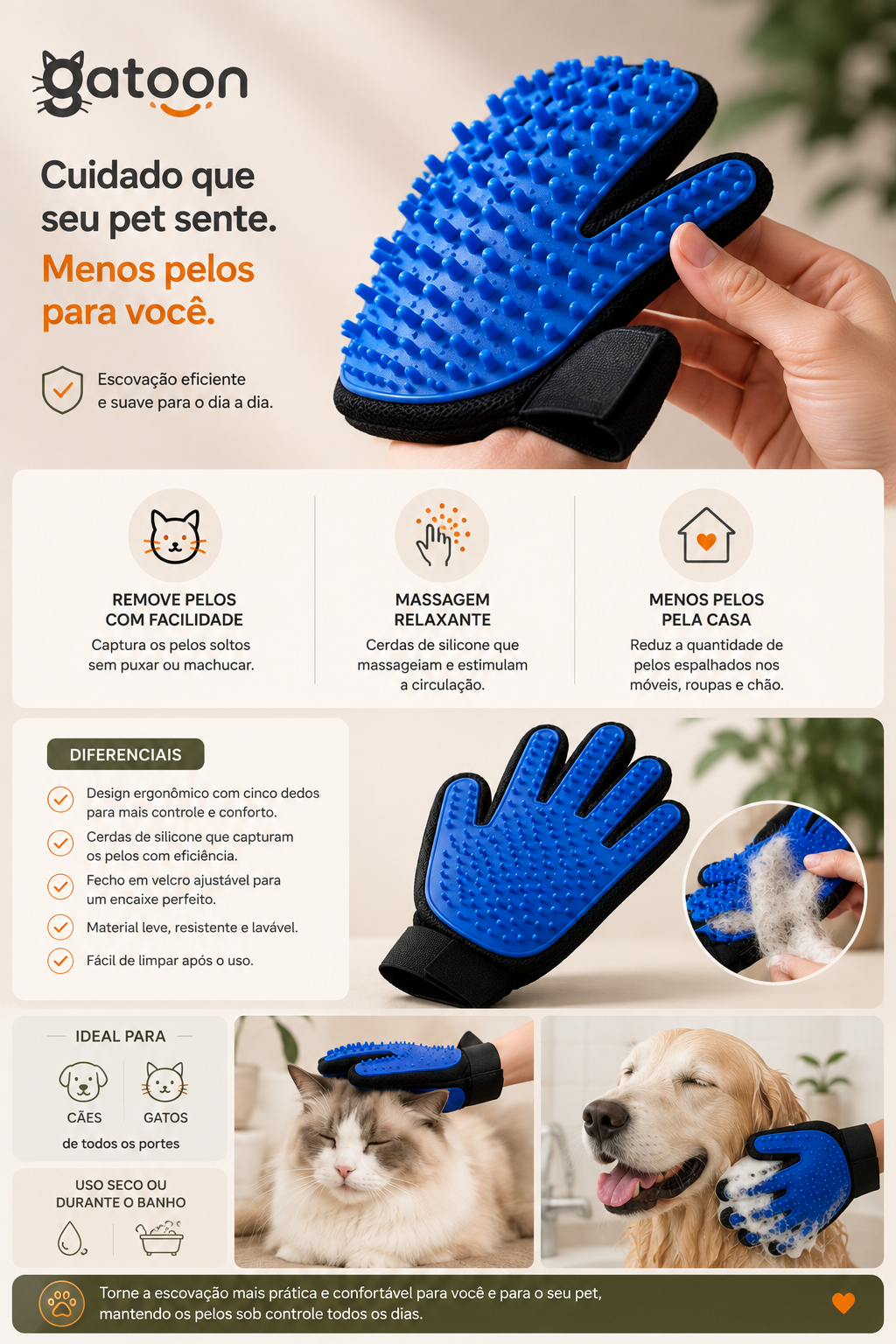 Gatoon Touch Luva Escova para Gatos e  – Removedor de Pelos e Escovação