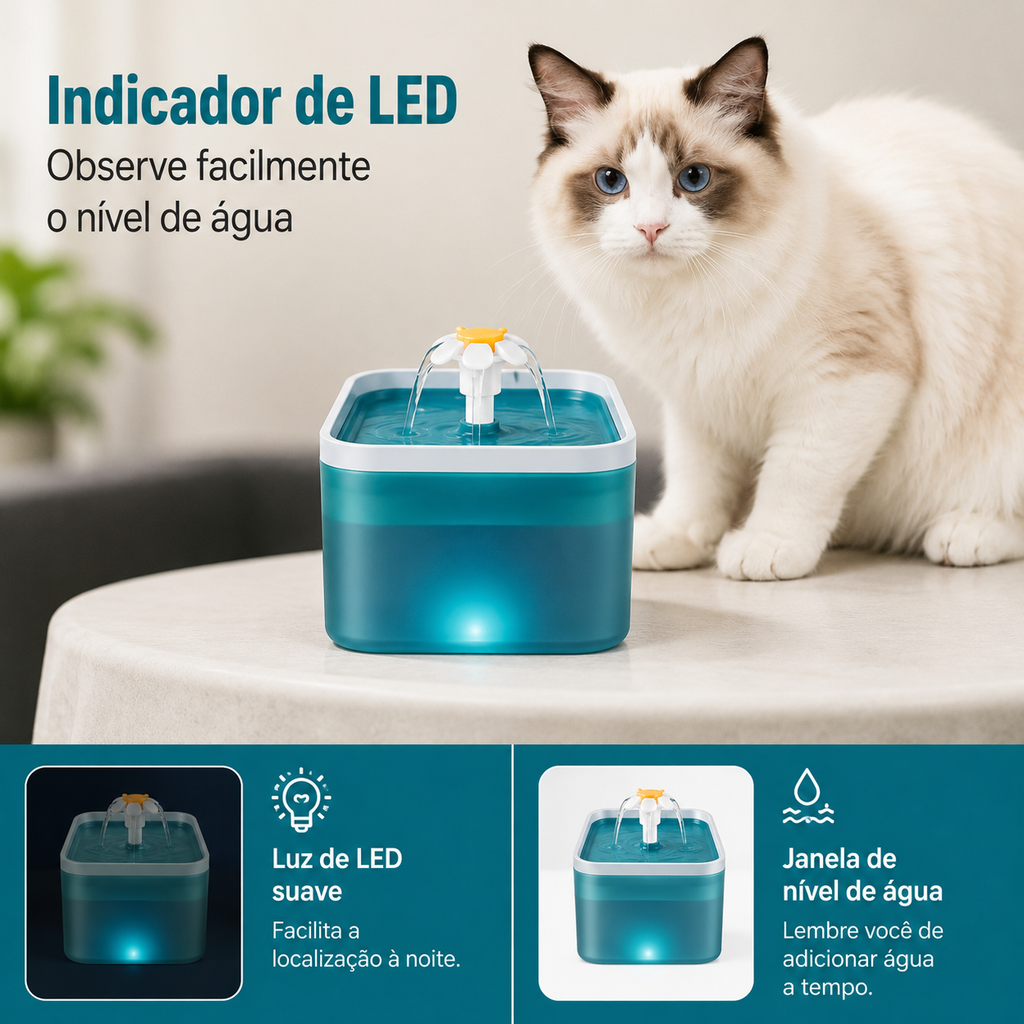 Gatoon  Flower   Fonte de Água Automática 2L para Gatos com Iluminação LED e Filtragem por Carvão Ativado