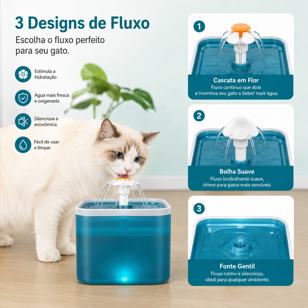 Gatoon  Flower   Fonte de Água Automática 2L para Gatos com Iluminação LED e Filtragem por Carvão Ativado