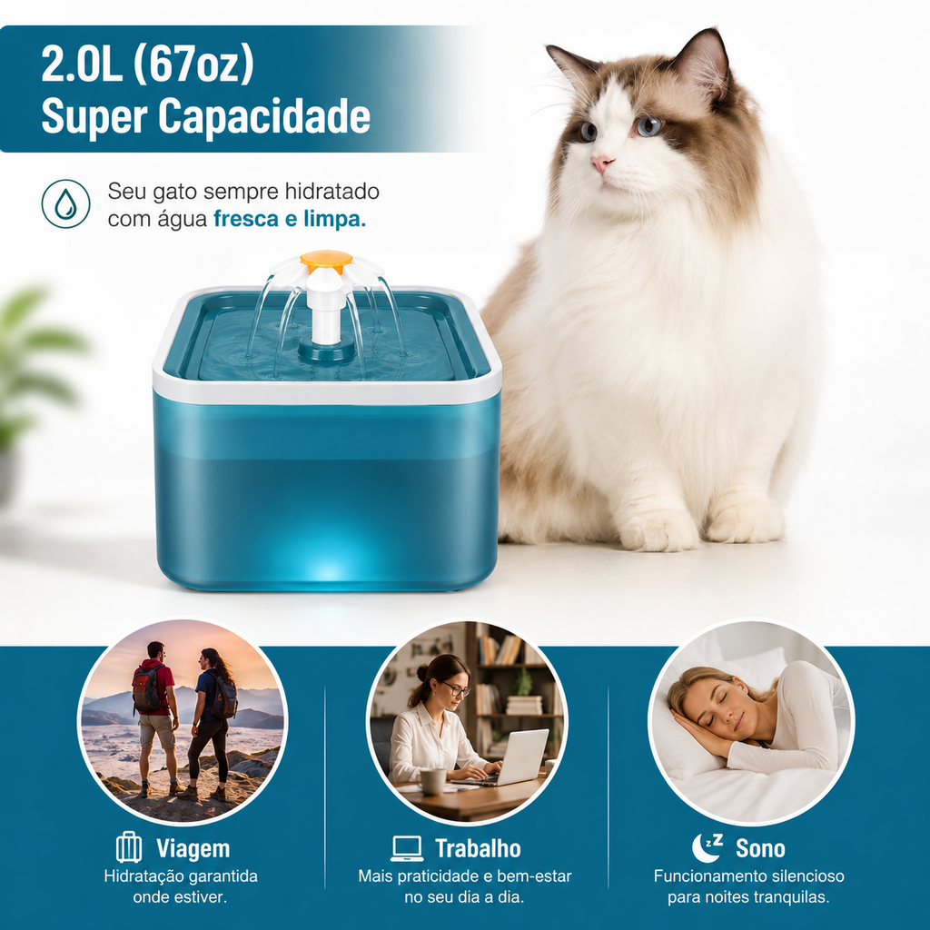 Gatoon  Flower   Fonte de Água Automática 2L para Gatos com Iluminação LED e Filtragem por Carvão Ativado