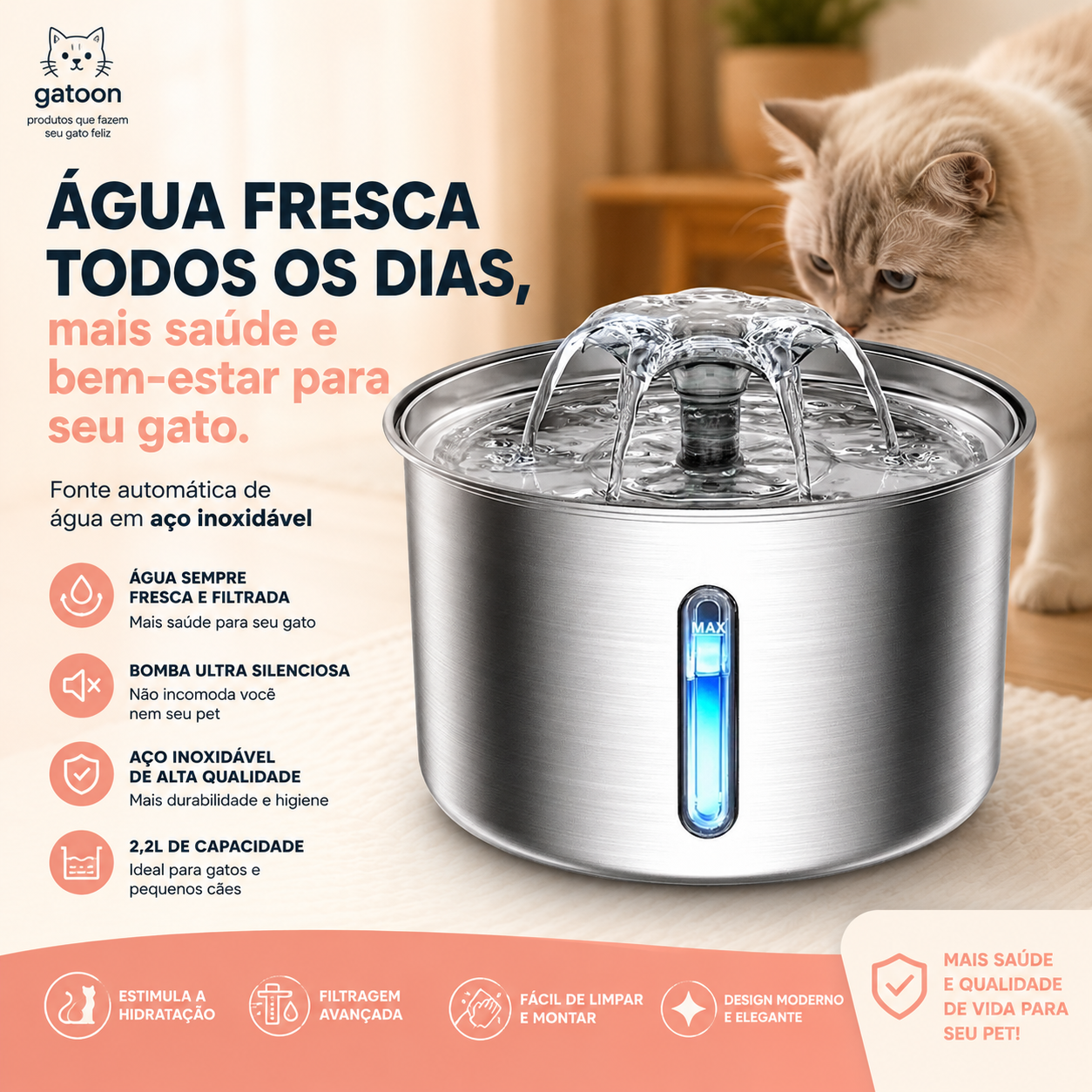 Fonte Automática para Gatos 2,2 L em Aço Inoxidável | Bomba Ultra Silenciosa, Sistema de Filtragem Contínua e Janela Indicadora do Nível de Água.