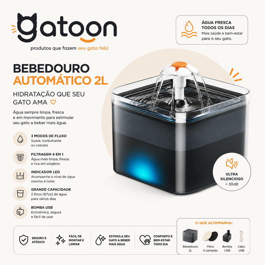 Bebedouro Automático Gatoon™ 2L para Gatos e Cães | LED, USB e Filtragem 4 Camadas