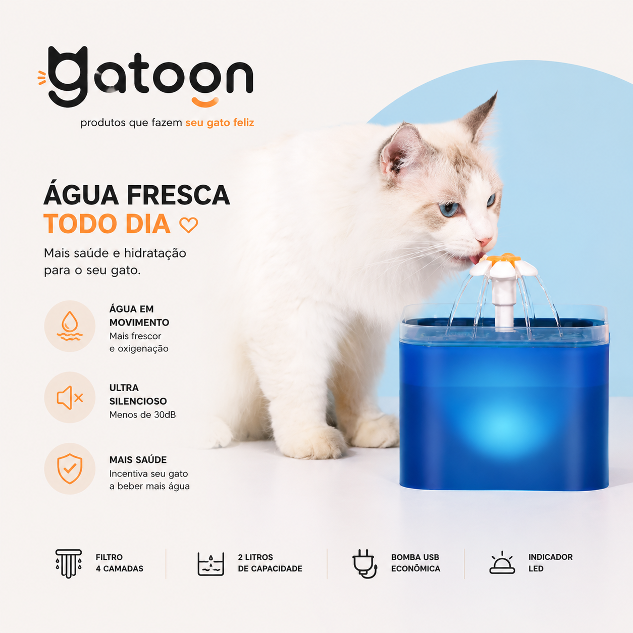 Bebedouro Automático Gatoon™ 2L para Gatos e Cães | LED, USB e Filtragem 4 Camadas