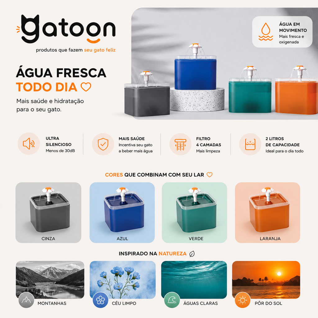 Bebedouro Automático Gatoon™ 2L para Gatos e Cães | LED, USB e Filtragem 4 Camadas