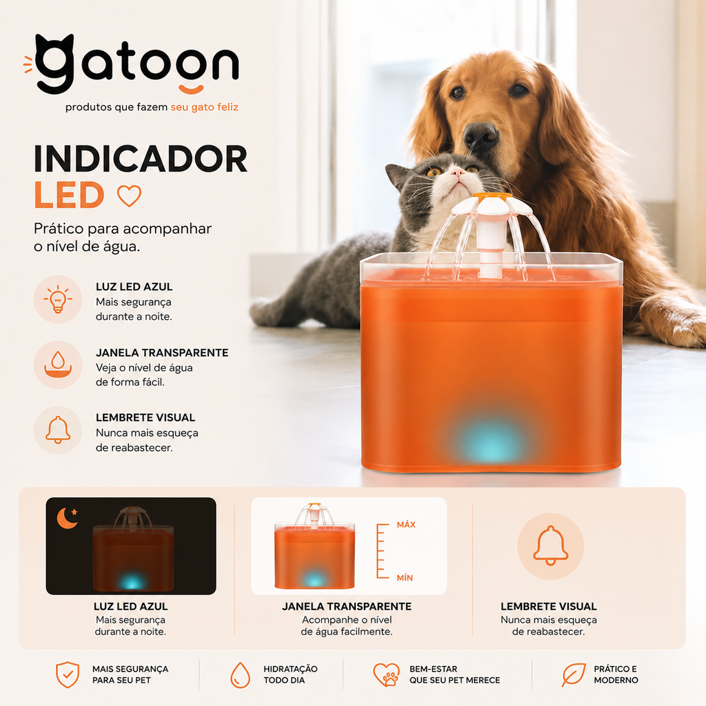 Bebedouro Automático Gatoon™ 2L para Gatos e Cães | LED, USB e Filtragem 4 Camadas