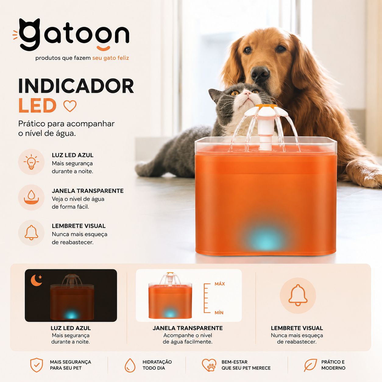 Bebedouro Automático Gatoon™ 2L para Gatos e Cães | LED, USB e Filtragem 4 Camadas