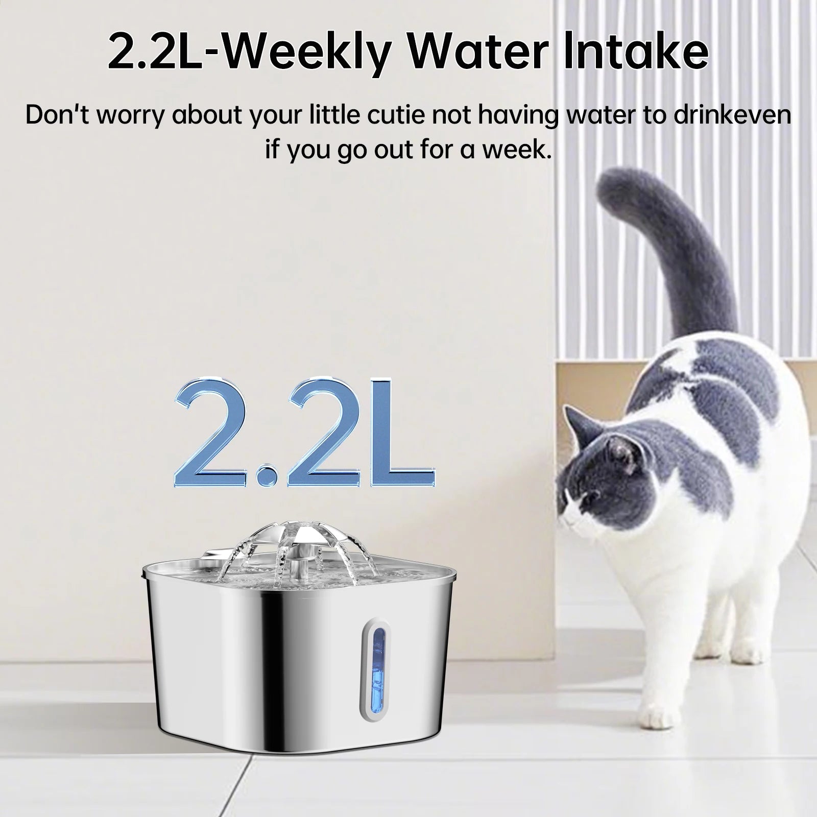 Fonte Automática para Gatos 2,2 L em Aço Inoxidável | Bomba Ultra Silenciosa, Sistema de Filtragem Contínua e Janela Indicadora do Nível de Água.