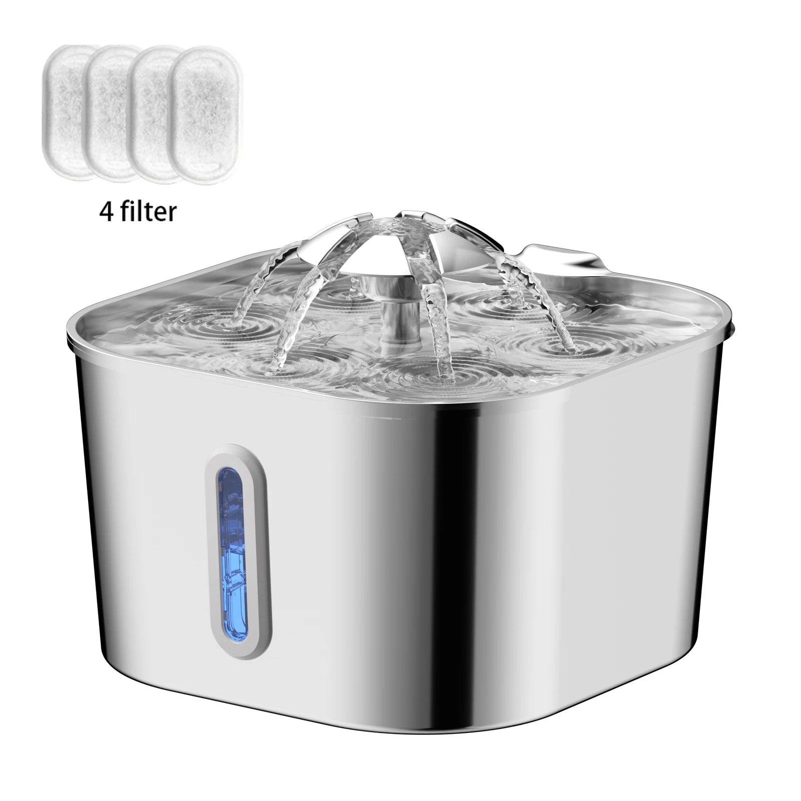 Fonte Automática para Gatos 2,2 L em Aço Inoxidável | Bomba Ultra Silenciosa, Sistema de Filtragem Contínua e Janela Indicadora do Nível de Água.
