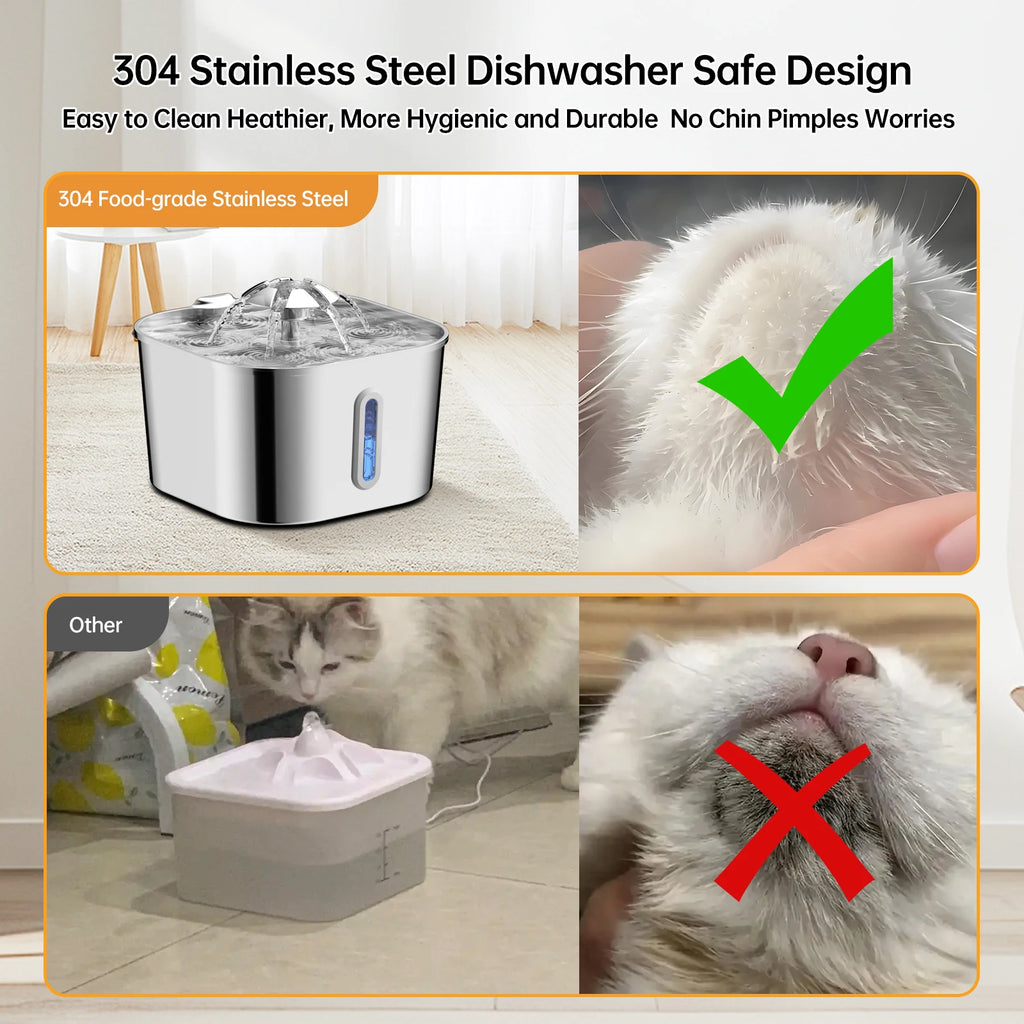 Fonte Automática para Gatos 2,2 L em Aço Inoxidável | Bomba Ultra Silenciosa, Sistema de Filtragem Contínua e Janela Indicadora do Nível de Água.