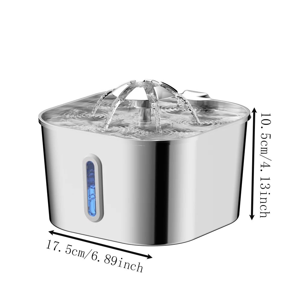 Fonte Automática para Gatos 2,2 L em Aço Inoxidável | Bomba Ultra Silenciosa, Sistema de Filtragem Contínua e Janela Indicadora do Nível de Água.