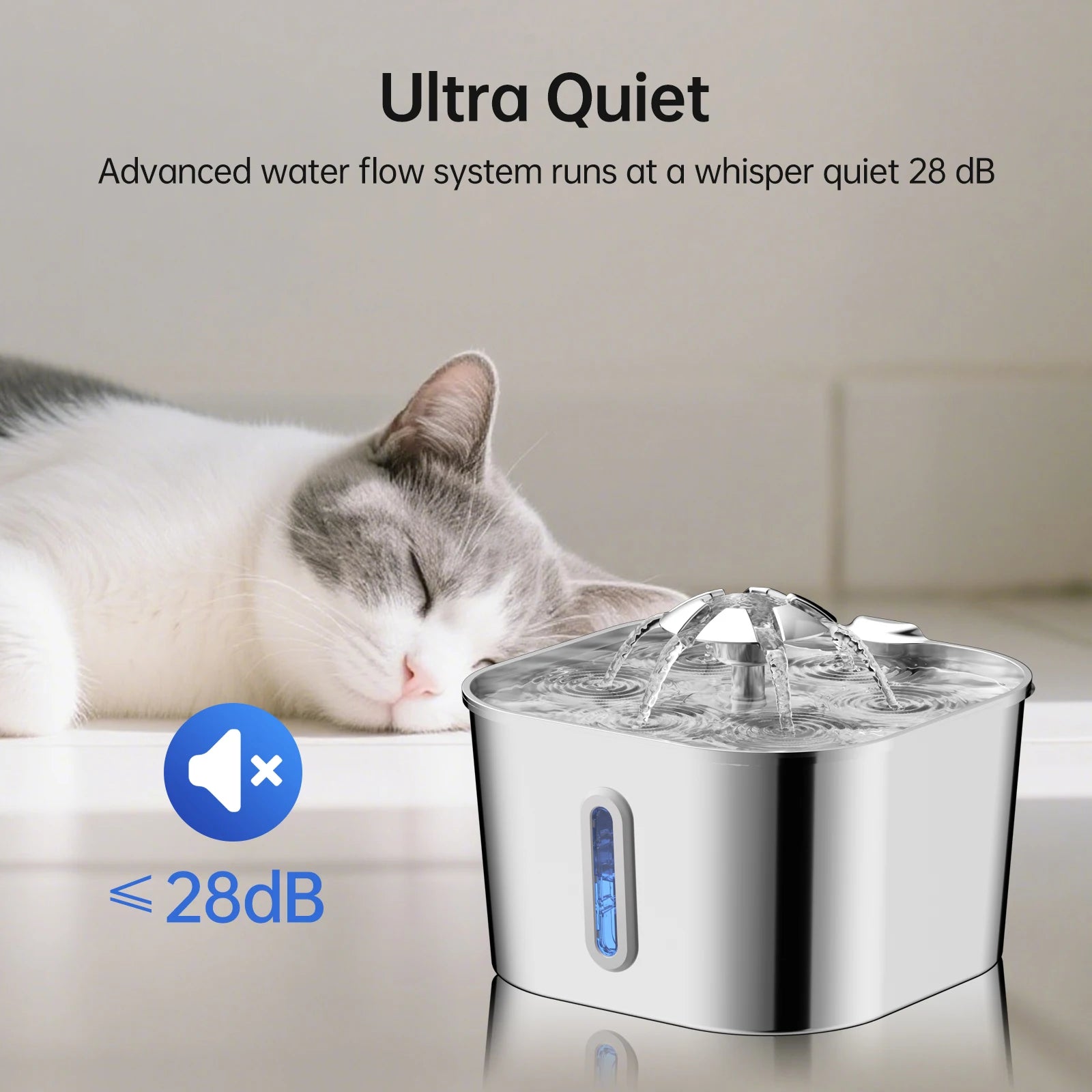 Fonte Automática para Gatos 2,2 L em Aço Inoxidável | Bomba Ultra Silenciosa, Sistema de Filtragem Contínua e Janela Indicadora do Nível de Água.