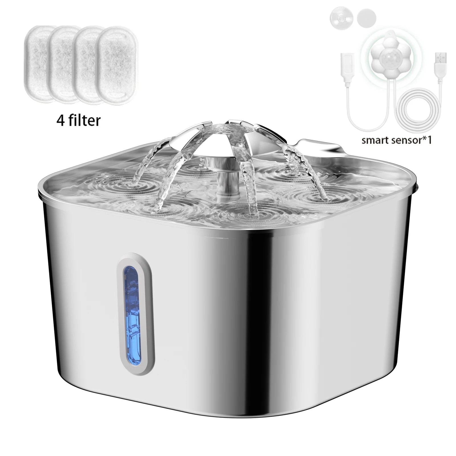 Fonte Automática para Gatos 2,2 L em Aço Inoxidável | Bomba Ultra Silenciosa, Sistema de Filtragem Contínua e Janela Indicadora do Nível de Água.